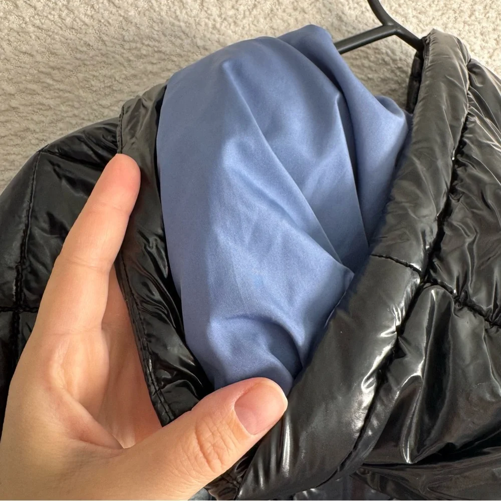 Zara Diamond Quilted Shiny Black Hooded Puffer Long Jacket Winter Coat Size 9‎
